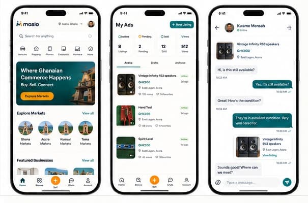 Masio mobile marketplace screens