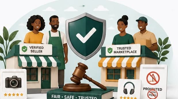 Trusted marketplace illustration with verified sellers and a safety shield