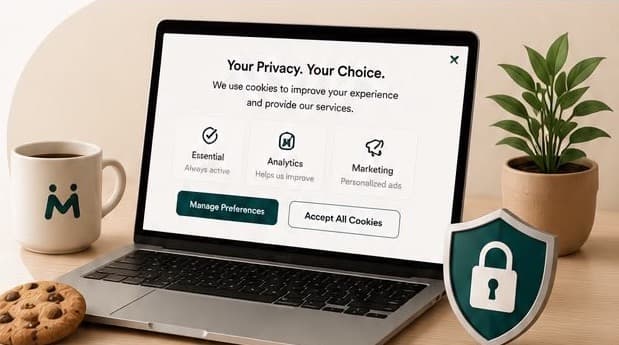 A laptop with cookie privacy controls, a shield and Masio mug