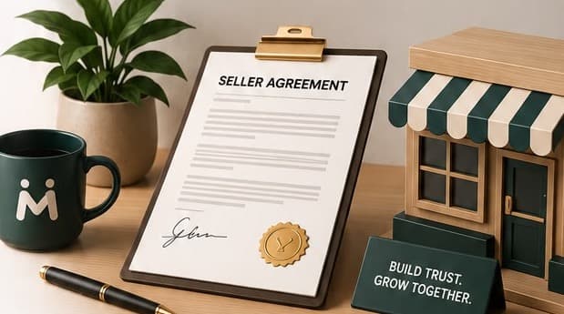 A seller agreement beside a storefront model