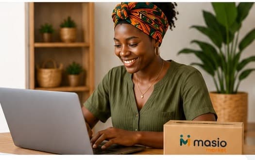 A Ghanaian seller working on a laptop beside a Masio parcel